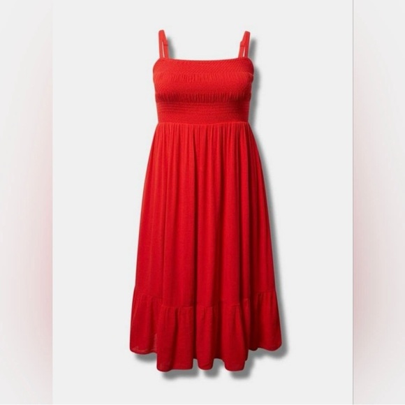 Torrid Red Midi Washable
Gauze Smocked Bodice Tiered Dress size 2 (Fits 18-20) - Picture 4 of 8